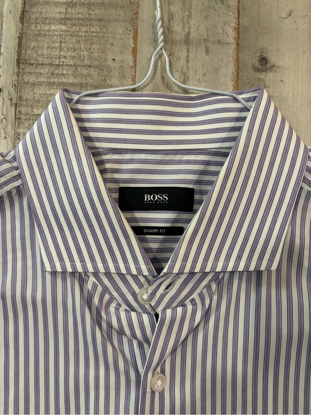 BOSS Purple and White Striped Sharp-Fit Dress Shirt